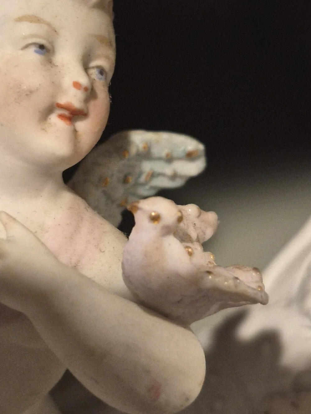 Antique German Bisque Porcelain Double Spill Vase Cherub Putti Flowers Mold 322